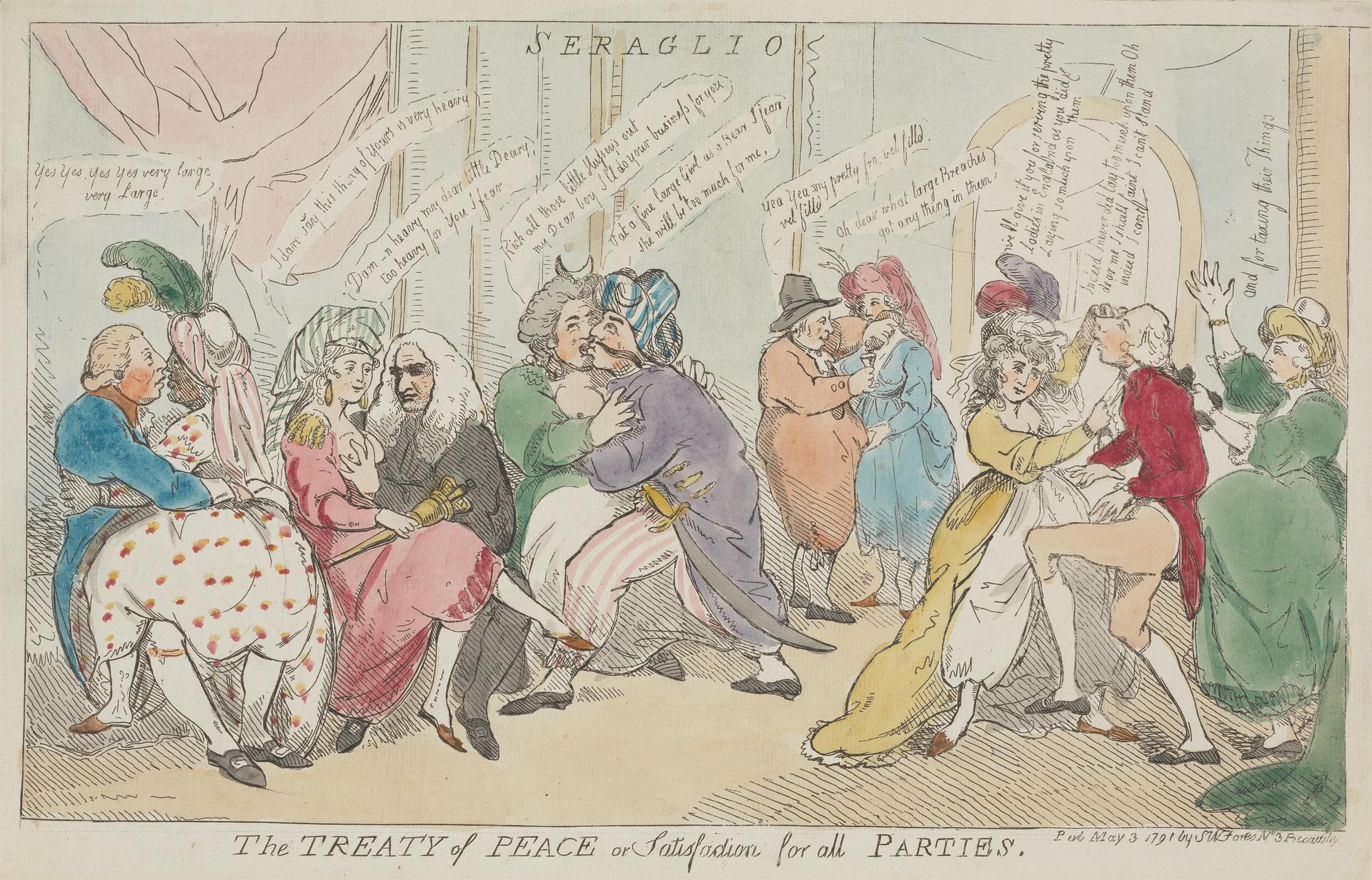 Eine handgezeichnete Skizze auf Papier zeigt eine gemischte Gruppe sitzender und stehender Menschen, mit dem Text "Der Friedensvertrag für alle Parteien" sichtbar, was eine Diskussion über den Vertrag andeutet.