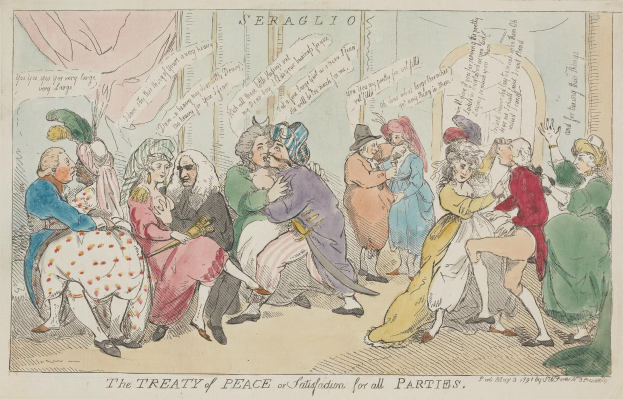 Eine handgezeichnete Skizze auf Papier zeigt eine gemischte Gruppe sitzender und stehender Menschen, mit dem Text "Der Friedensvertrag für alle Parteien" sichtbar, was eine Diskussion über den Vertrag andeutet.