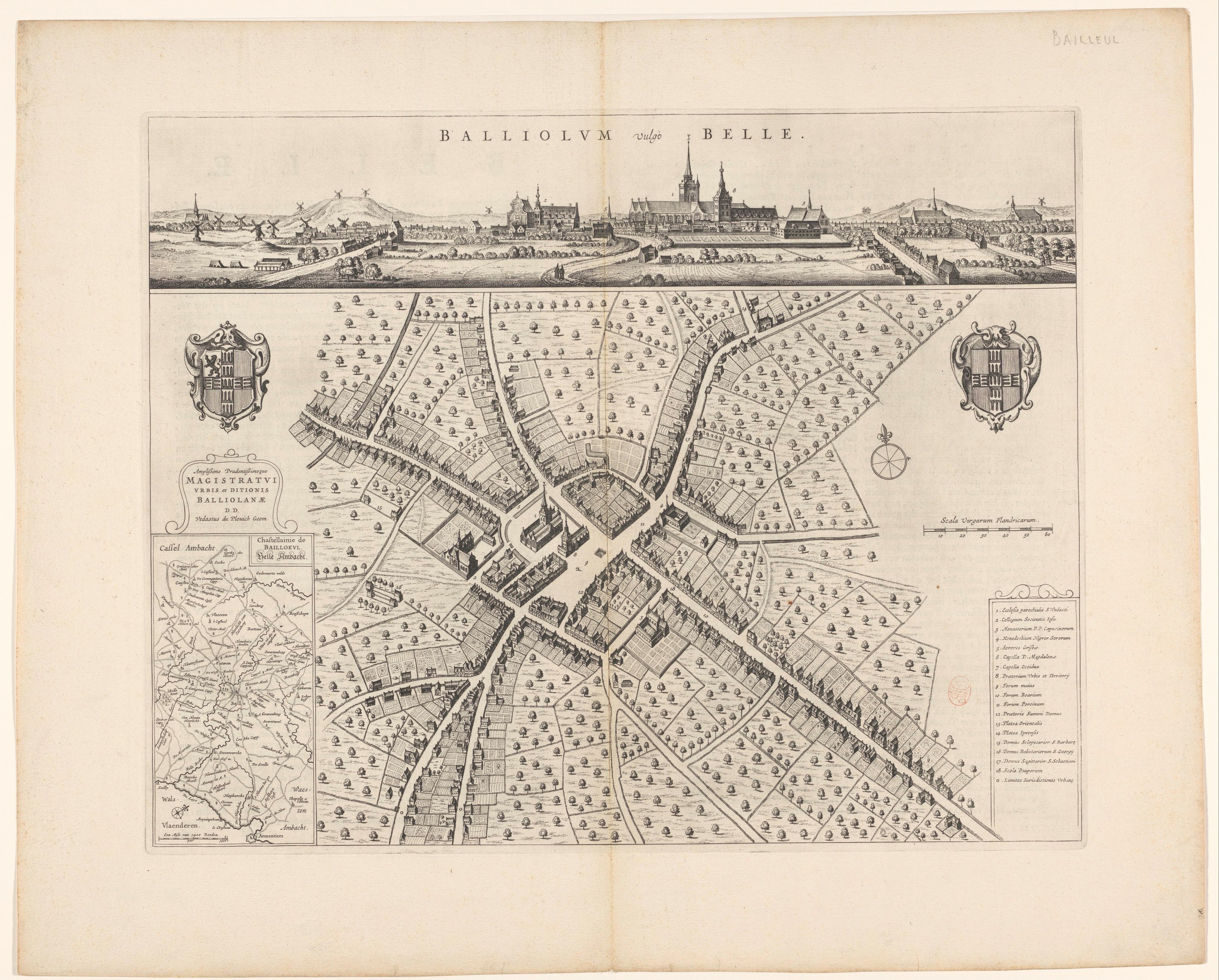 A worn book featuring a detailed historical map of Balliolvn, Belgium, with visible street names, buildings, and landmarks.