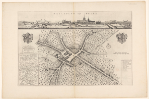 A worn book featuring a detailed historical map of Balliolvn, Belgium, with visible street names, buildings, and landmarks.