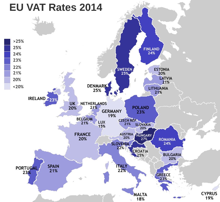 A map of Europe displaying the 2014 EU VAT rates as percentages with corresponding text.