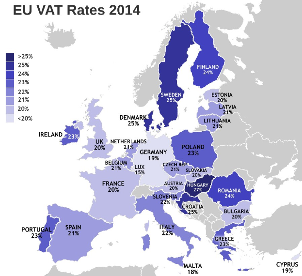 A map of Europe displaying the 2014 EU VAT rates as percentages with corresponding text.