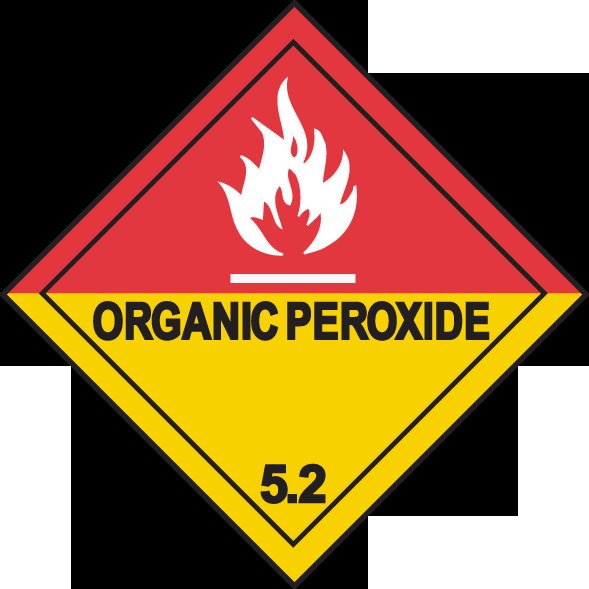 Gefahrstoffschild mit der Aufschrift "Organisches Peroxid 5.2" in Rot und Gelb.