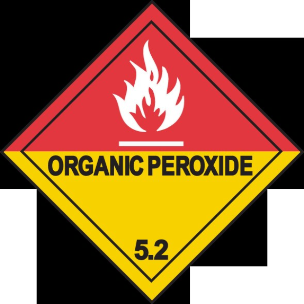 Gefahrstoffschild mit der Aufschrift "Organisches Peroxid 5.2" in Rot und Gelb.