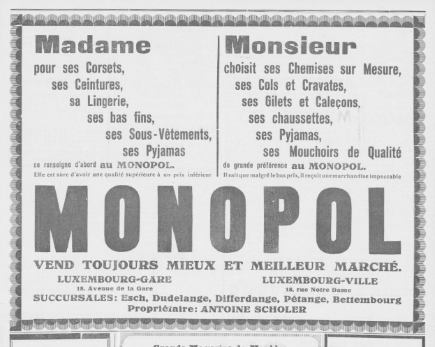 Schwarze und weiße Zeitungsanzeige für das Monopoly-Brettspiel mit Textbeschreibung des Spiels und seiner Funktionen.