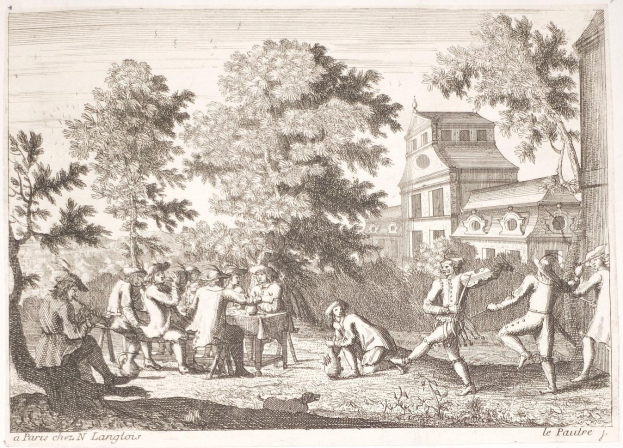 Eine Gruppe von Menschen, die ein Spiel in einem Park mit Bäumen und einem Gebäude im Hintergrund spielen, mit Text unten.