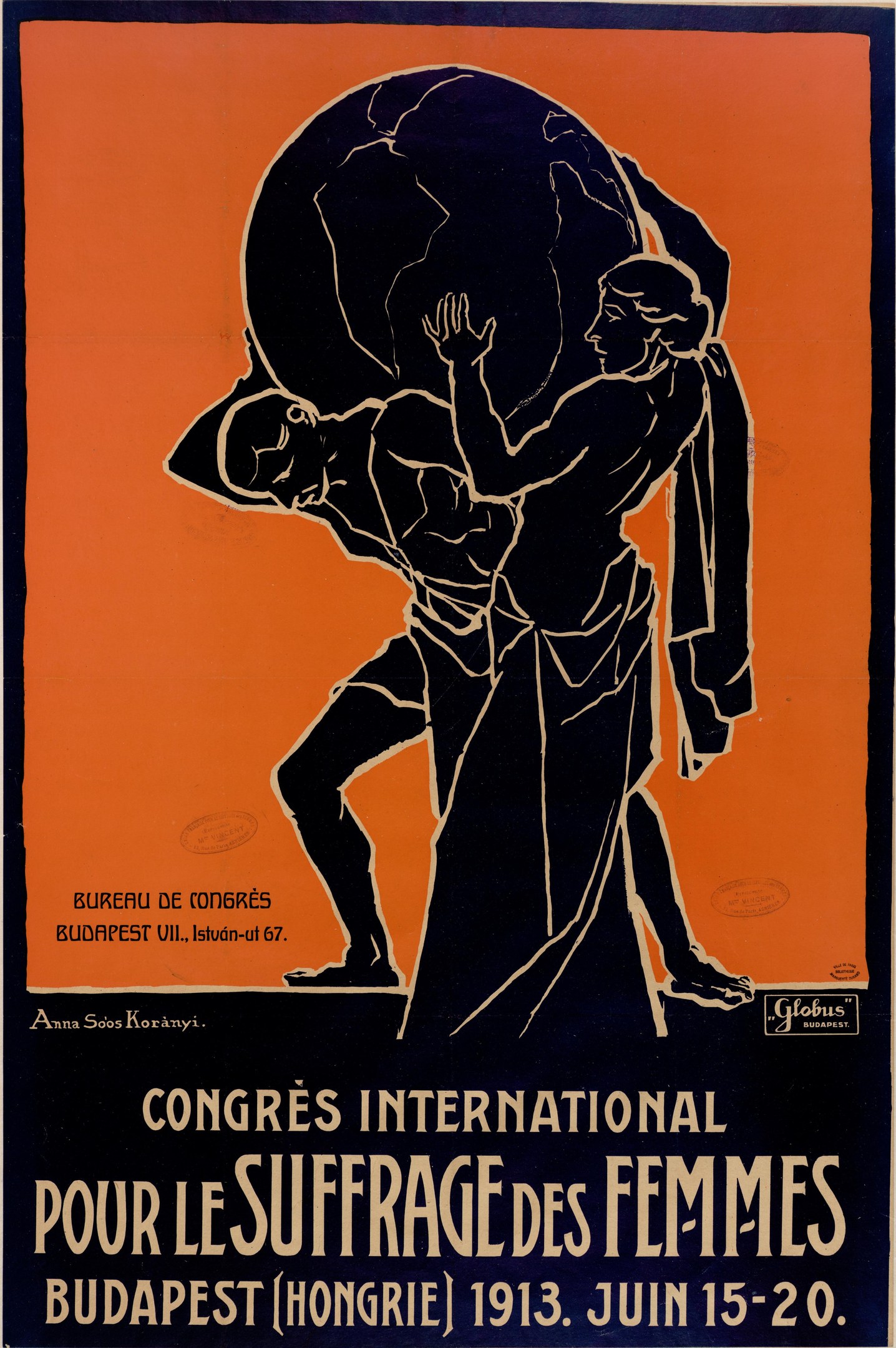 Plakat für die Internationale Frauenwahlrechtsbewegung in Budapest, Ungarn, das eine Person mit einer Weltkugel in den Händen zeigt, über der der Text 'Congres International pour le Suffrage des Femmes' steht.