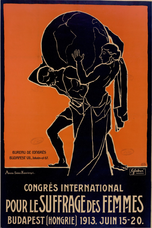 Plakat für die Internationale Frauenwahlrechtsbewegung in Budapest, Ungarn, das eine Person mit einer Weltkugel in den Händen zeigt, über der der Text 'Congres International pour le Suffrage des Femmes' steht.
