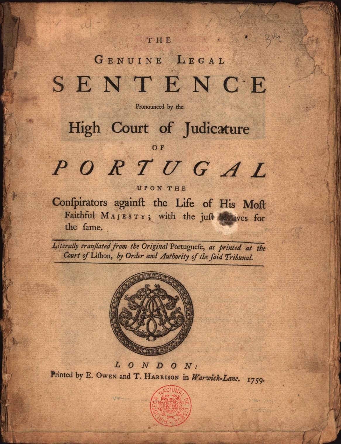 Black book with a stamp on the cover, text reads "The Genuine Legal Sentence of the High Court of Judiciary of Portugal" against a dark background.