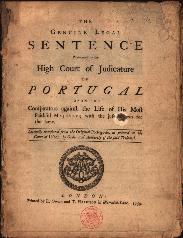 Black book with a stamp on the cover, text reads "The Genuine Legal Sentence of the High Court of Judiciary of Portugal" against a dark background.