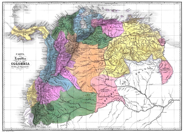 Ein Plakat mit einer Karte von Kolumbien, auf der die Provinzen in verschiedenen Farben hervorgehoben sind und der Text "Karte von Kolumbien der Republik Kolumbien".