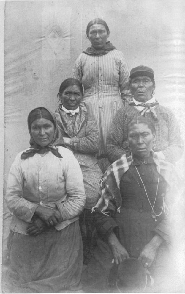 Schwarz-weiß-Fotografie einer Gruppe indigener Frauen, die in einer Reihe vor einer neutralen Wand stehen, einige tragen traditionelle Kleidung und Kopfschmuck, mit dem Text "Indigenous Women" unten.