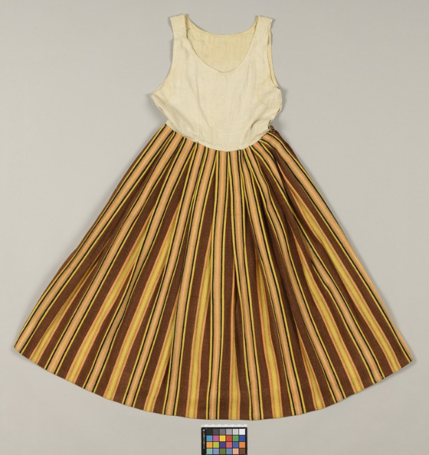 A full-length dress with alternating brown and yellow stripes on a white background, featuring a voluminous, flowing skirt and lightweight fabric.