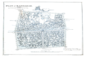 Detailed plan of Kandahar, India, showing streets, buildings, landmarks, and text with historical and cultural information.