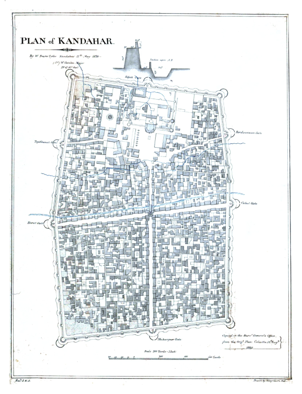 Detailed plan of Kandahar, India, showing streets, buildings, landmarks, and text with historical and cultural information.