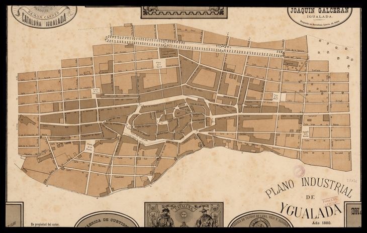 Old map of Yucatan, Mexico with a black border, displaying detailed streets, buildings, and landmarks, accompanied by text about the city's population and features.
