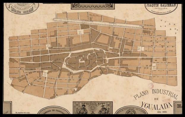 Old map of Yucatan, Mexico with a black border, displaying detailed streets, buildings, and landmarks, accompanied by text about the city's population and features.