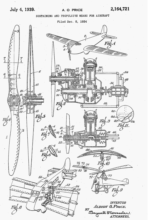 Drawing of a propeller plane with propellers and text on a white background, labeled "U.S. Patent 2164,721 - Sustaining and Propulsive Means for Aircraft".