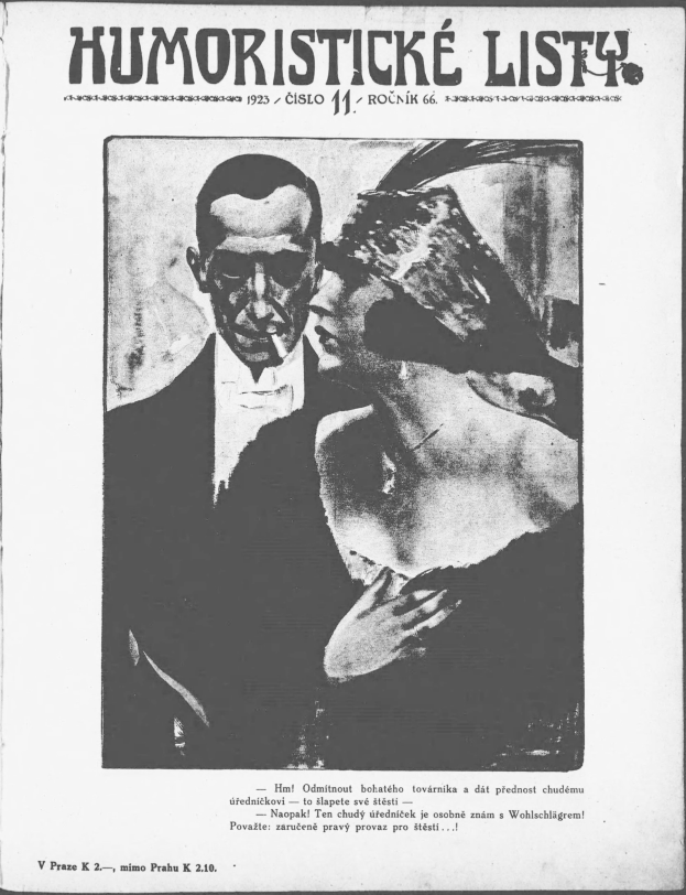 Schwarze und weiße Zeitschriftentitel 'Humoristische Liste' mit einem Mann im Anzug mit ernstem Gesichtsausdruck und einer Frau mit leichtem Grinsen, die beide voneinander weggucken.