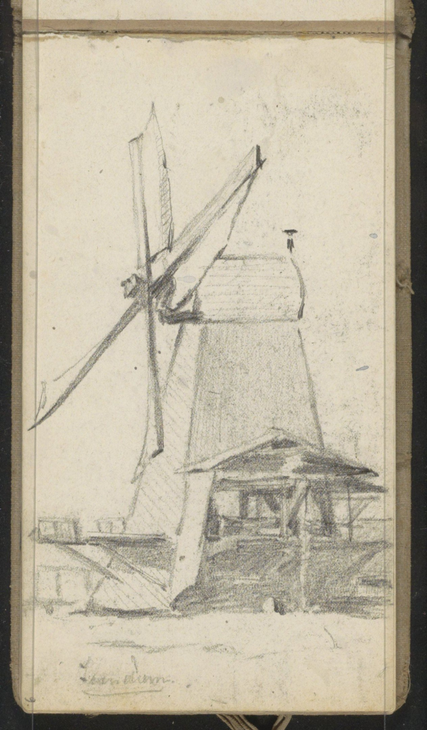 A realistic drawing of a windmill with billowing sails on a black background, created by Jean-Honoré Fragonard between 1797 and 1827.