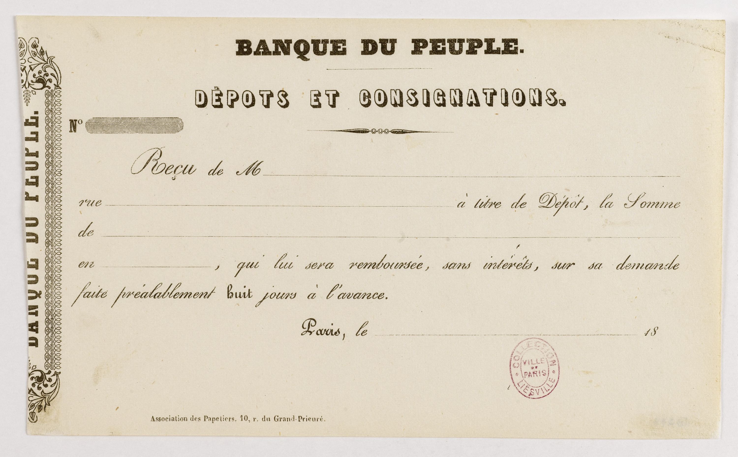 Old French banknote with "Banque du Peuple Depots et Consignations" text and a stamp, displayed on a white background.