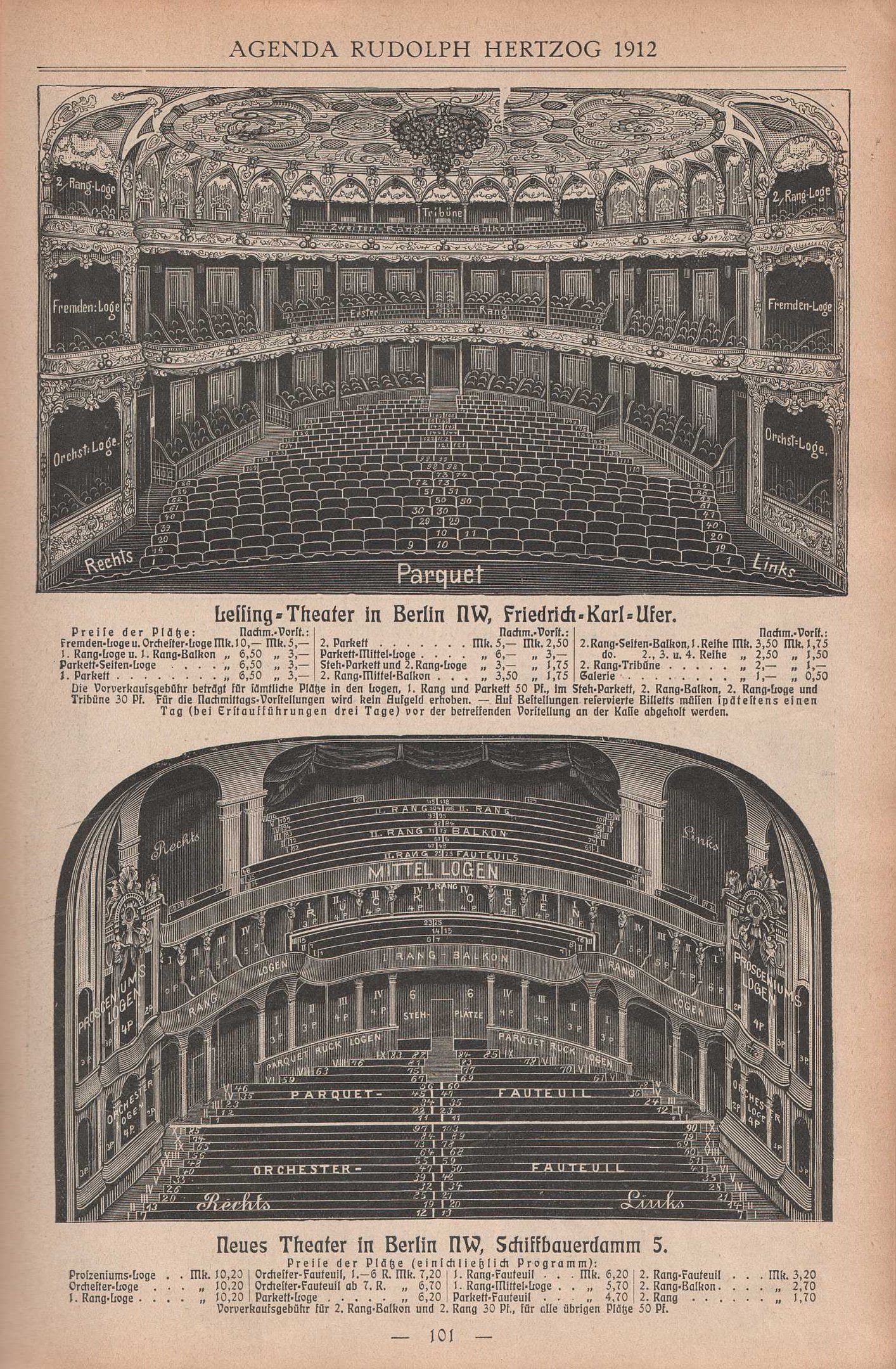 Black-and-white illustration of an old book page featuring a large auditorium in Berlin, Germany, from 1912, with accompanying text describing the theatre's layout.