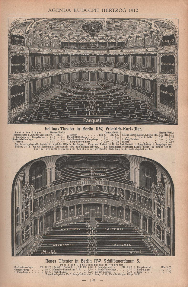 Black-and-white illustration of an old book page featuring a large auditorium in Berlin, Germany, from 1912, with accompanying text describing the theatre's layout.