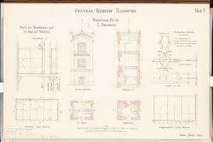 Cover of a book featuring a detailed architectural drawing of the Central Bahnhof Hannover building, including windows, doors, and other structural elements, with accompanying text about its design.