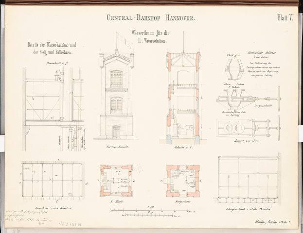 Cover of a book featuring a detailed architectural drawing of the Central Bahnhof Hannover building, including windows, doors, and other structural elements, with accompanying text about its design.