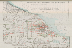 Ein altes Stadtplan von Chicago, das die städtischen Grenzen mit begleitendem Text zeigt.