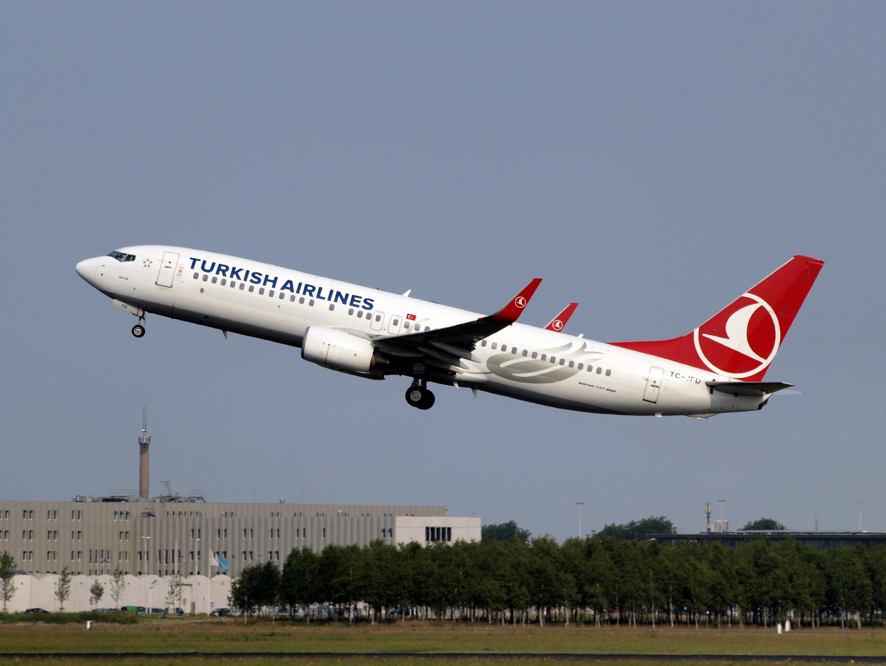 Turkish Airlines Airbus A320-200 Flugzeug beim Start vom Istanbul Airport mit grünem Gras darunter, Bäumen und Gebäuden im Hintergrund und einem klaren blauen Himmel.