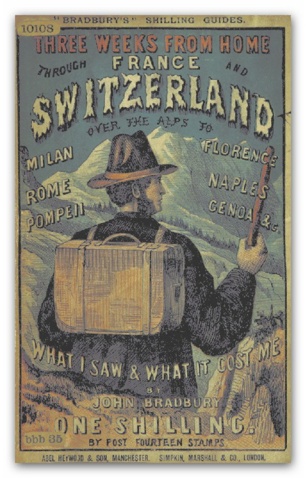 A poster featuring a person in a hat holding a suitcase, with text reading "Three Weeks from Home Through France and Switzerland," and a determined expression.