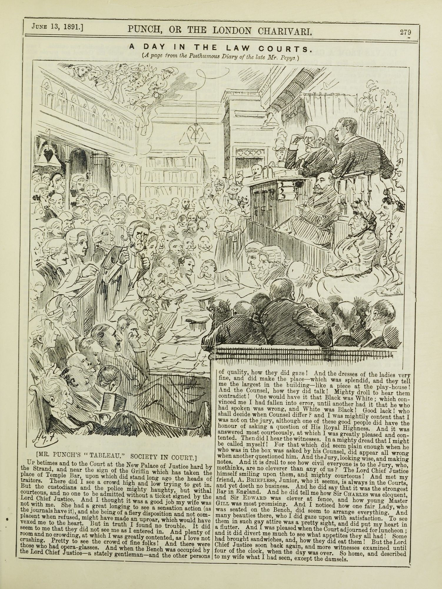 Offenes Buch mit einer Illustration einer Gerichtsszene, die eine diskutierende Menge zeigt, mit Text und Bildern auf der zentralen Seite.