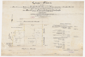 Old document titled "Plan of the Berliner Handelagellachaft" featuring a building layout, text, and a stamp on the left side.