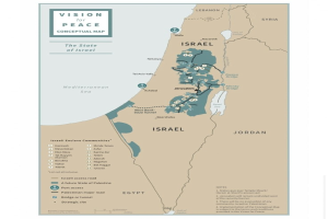 Plakat mit der Aufschrift "Vision für Friedenskonzept" mit einer farbcodierten Karte von Israel und fetter schwarzer Schrift oben.