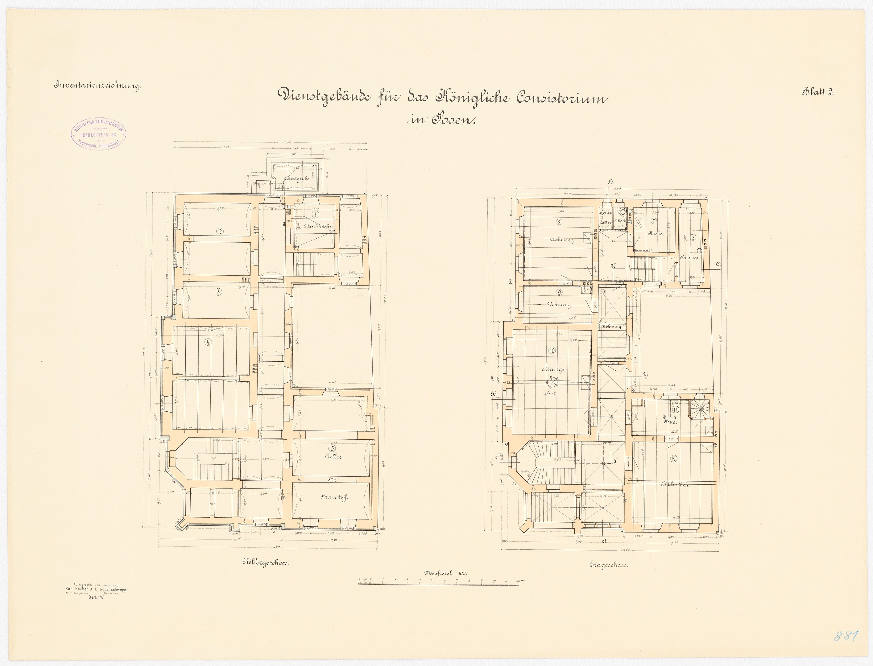 Black and white architectural floor plan of a large building with numerous labeled rooms, titled "Konigliche Constitucium in Sozen," accompanied by handwritten text describing the layout.