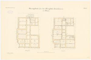 Black and white architectural floor plan of a large building with numerous labeled rooms, titled "Konigliche Constitucium in Sozen," accompanied by handwritten text describing the layout.