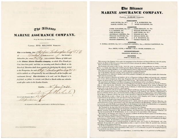 Zwei leicht zerknitterte Dokumente mit 'The Alliance Marine Assurance Company' in schwarzer Schrift auf weißem Hintergrund.