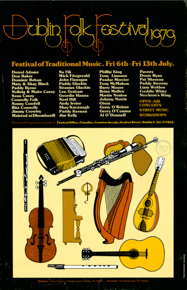 Ein Plakat für das Dublin Folk Festival 1975, das eine Gitarre, eine Harfe, eine Flöte und ein Schlagzeug zeigt, sowie Text mit Informationen zum Festival.