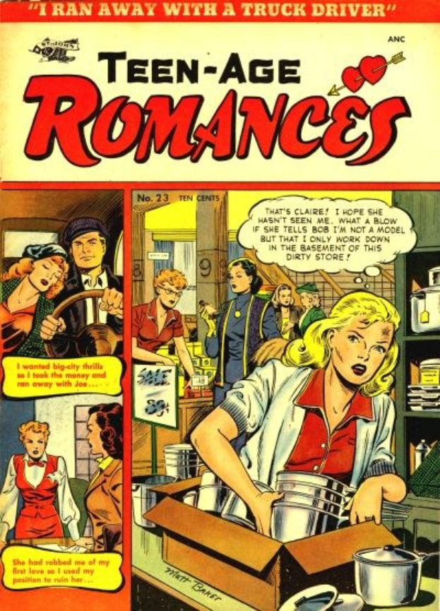 Ein DC-Comics-Plakat mit der Aufschrift "Teen-Age Romances 23-A", das eine Gruppe von Menschen in einer fröhlichen, romantischen Umarmung zeigt.