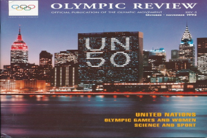Buch mit dem Titel "Olympische Übersicht Offizielles Publikationsorgan der Olympischen Bewegung" mit einem Stadtbild auf dem Cover, auf einer flachen Oberfläche mit dem Text "Olympische Spiele der Vereinten Nationen und Frauen Wissenschaft und Sport"