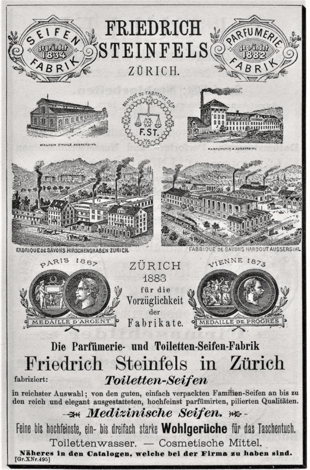 Schwarze und weiße Werbung für Friedrich Steinfels in Zürich, die Bilder von Gebäuden, Menschen und Text zeigt.