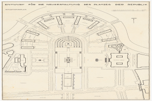Ein detaillierter Plan von Berlin, Deutschland, mit einer zentralen Abbildung eines Gebäudes und einem Text, der das Stadtlayout und die umliegende Gegend beschreibt.