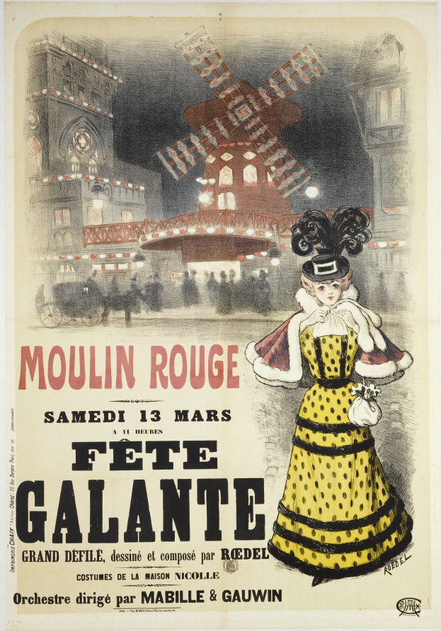 Plakat, das eine Moulin Rouge Fete Galante ankündigt, mit einer Frau in einem gelben Kleid vor einem Gebäude mit einer Windmühle und Text, der das Ereignis beschreibt.
