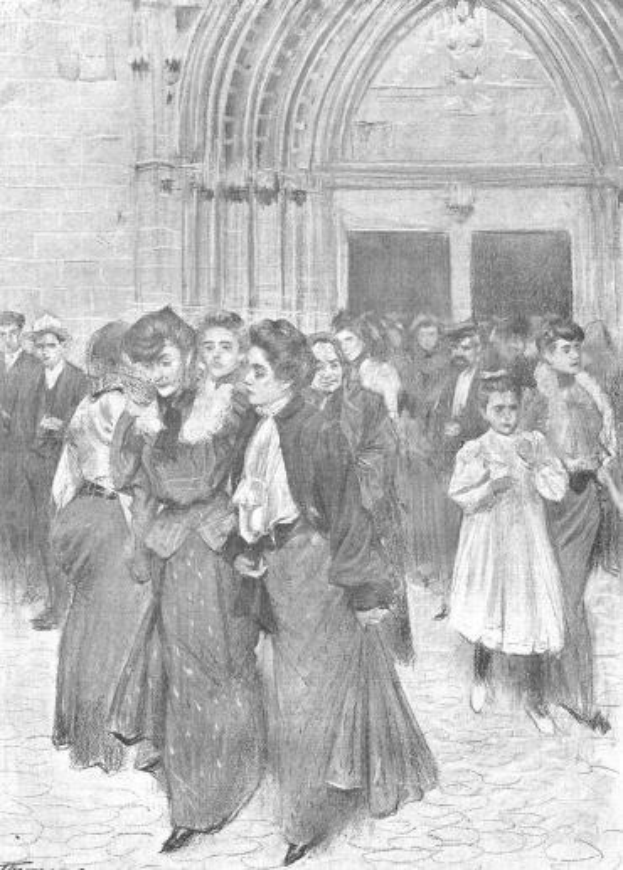 Schwarz-weiß-Fotografie einer Gruppe von Menschen, die vor einem Gebäude mit einer Wand und Bögen im Hintergrund die Straße entlanggehen, mit dem Text "Victorian Women's Day in London" unten.
