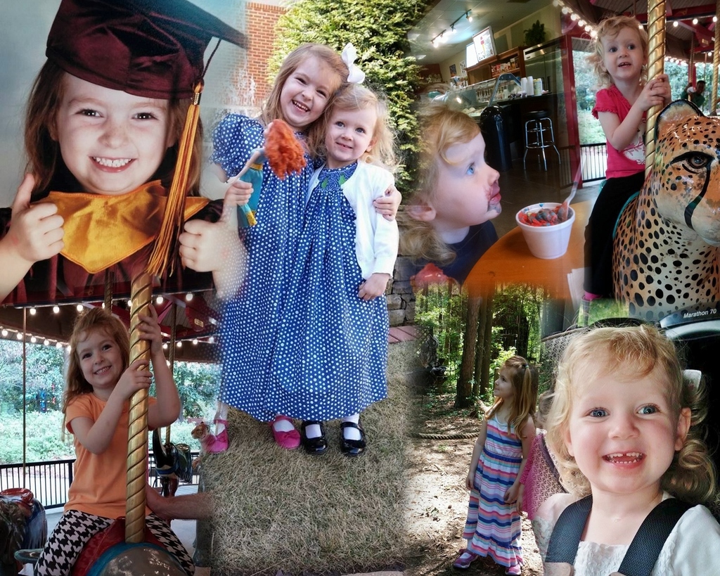 Eine Collage mit Vergnügungsparkfahrten, einem Tisch mit Lebensmitteln einschließlich eines Bechers und Löffels, verschiedenen Gegenständen, Lichtern, einer Wand, Büschen, Bäumen, Gras, einem Seil und einem Hut.