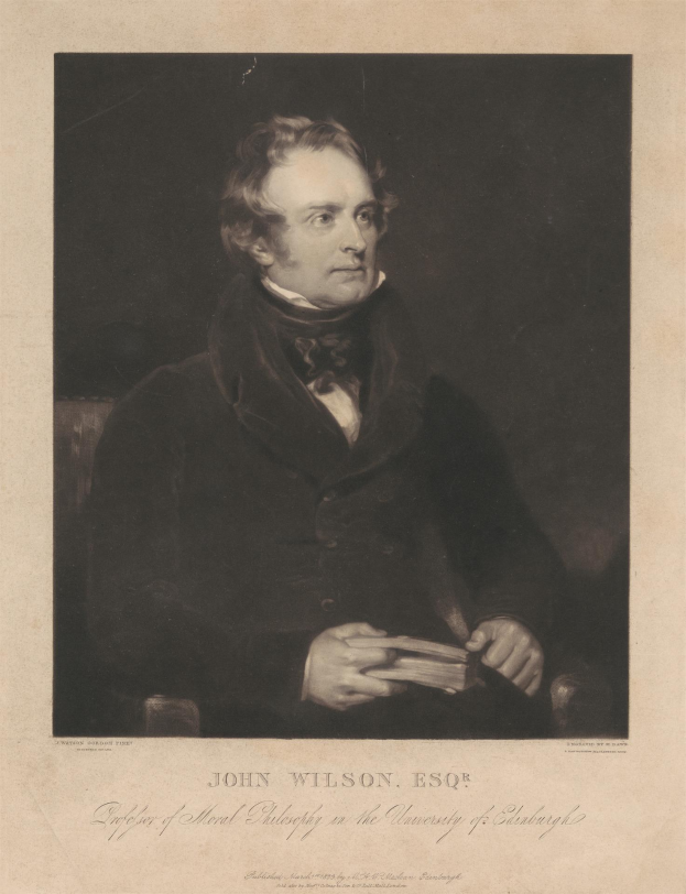 Portrait of John Wilson Esqr, founder of moral philosophy at the University of Edinburgh, seated in a chair holding a book, with text at the bottom.