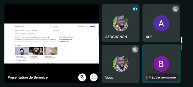 Screenshot einer Yahoo Finance-Webseite mit einer Gruppe von Menschen links, Profilbildern und Text rechts und einem Footer mit der Aufschrift "Yahoo Finance - Pr├Ęsentation de B├ęr├Ęnice".