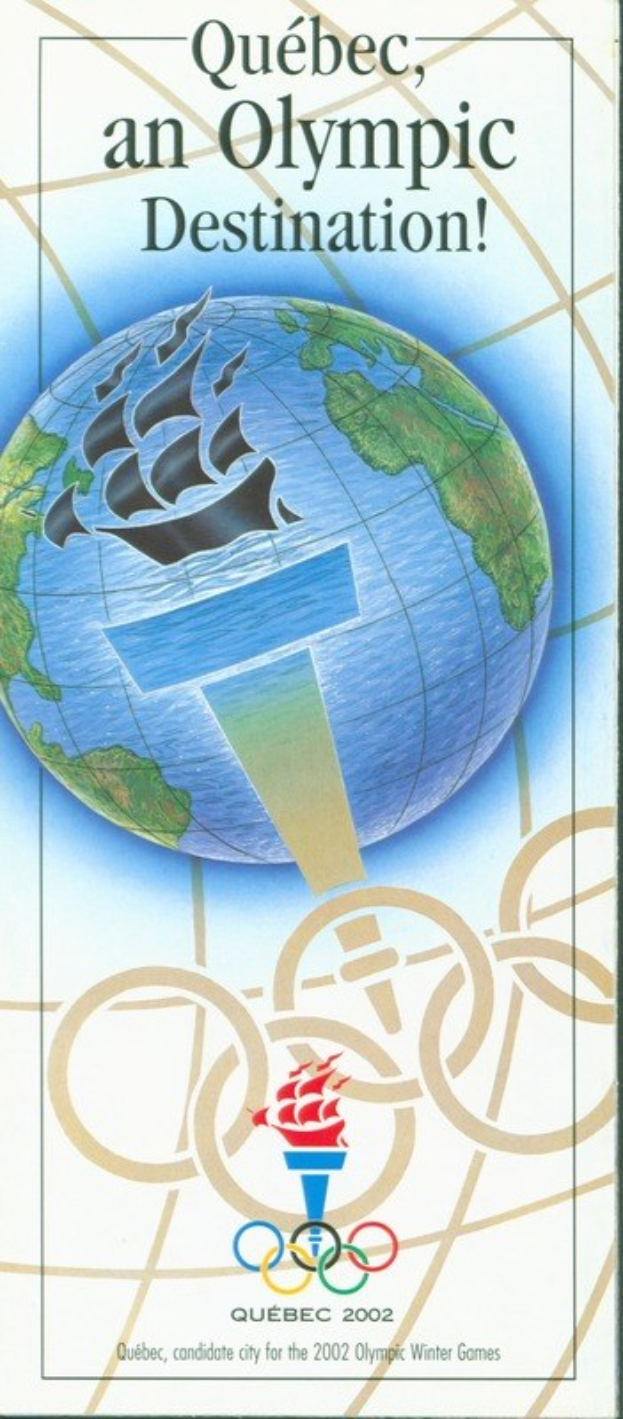 Plakat für die Olympischen Winterspiele 2002 in Quebec, das eine Weltkugel mit einem Schiff zeigt, das darüber segelt, und den Text "Québec, ein Olympisches Reiseziel" oben.