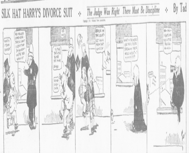 Cartoon-Illustration eines Mannes in einem schwarzen Anzug mit weißem Hemd und schwarzer Krawatte und einer Frau in einem eleganten Kleid mit schwarzem Schal, beide mit ernsten Gesichtern, beschriftet mit "Scheidungsklage."